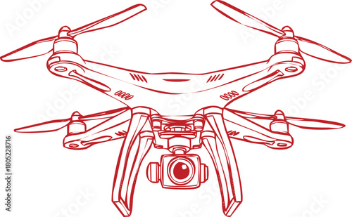Red line art drone with camera on white background quadcopter aerial vehicle