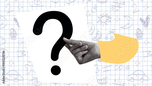 question mark. question. ask. collage with a question mark. ask something. unclear question. doodle style. clarification. answers to questions. vector. people. human hand.
