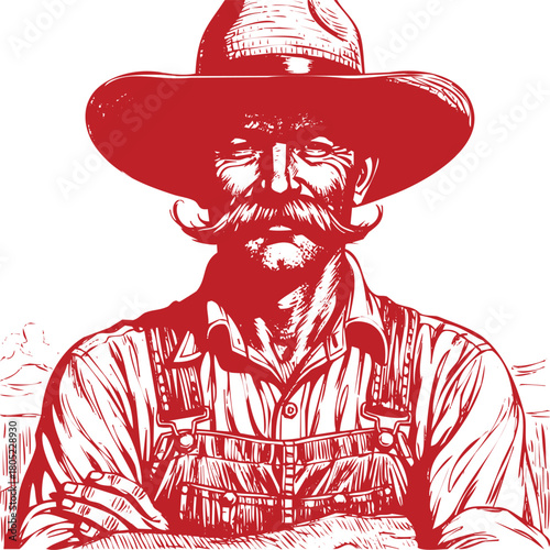 Red linocut style illustration of a man with a large mustache wearing a cowboy hat and overalls