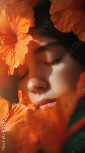 Close-up of a Girl Surrounded by Vibrant Orange Hibiscus Flowers in Soft Light