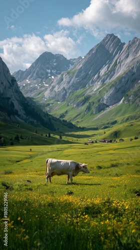 Beautiful Cow Grazing in a Vibrant Meadow Surrounded by Majestic Mountains Du...