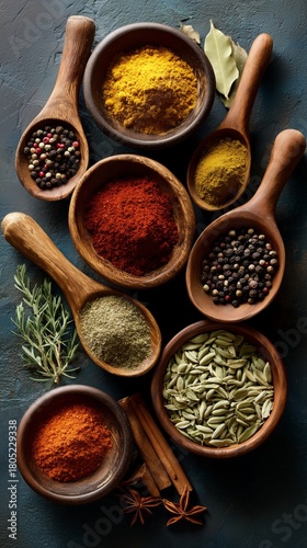 Colorful Assortment of Spices Arranged in Wooden Bowls on a Dark Surface