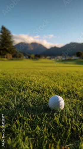 Golf Ball Resting on Lush Green Grass With Mountains in the Background During...