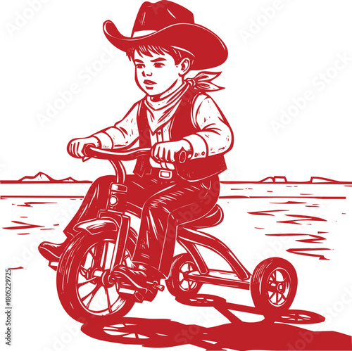 Young boy in cowboy attire riding a tricycle in a desert landscape child