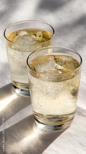 Refreshing Glasses Filled With Sparkling Water and Ice on a Light Background