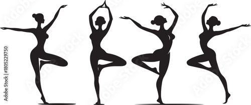 A group of four female silhouettes gracefully balance on one leg in varied yoga poses, conveying movement, wellness, and teamwork through elegant, artistic form.