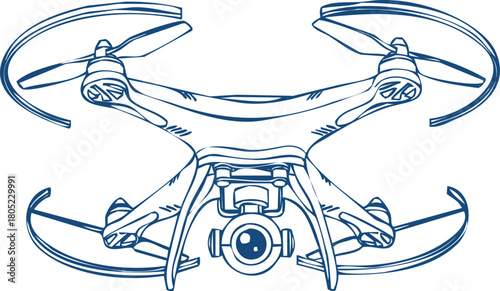 Blue line art quadcopter drone with camera on white background aerial vehicle unmanned aerial vehicle