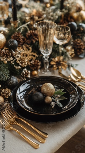 Elegant Festive Table Setting With Gold and Black Decor for a Celebration Din...