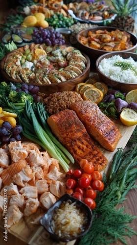 Diverse Spread of Delicious Dishes on a Wooden Table for a Festive Occasion
