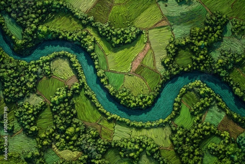 Rivers Flowing Through Lush Green Fields in a Vibrant Rural Landscape