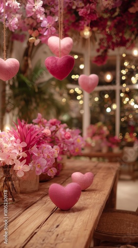Romantic Flower Arrangements With Hanging Hearts in a Cozy Setting During Eve...