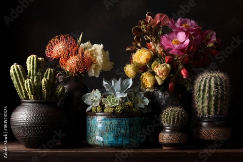 Colorful Display of Flowers and Cacti in Decorative Pots on a Dark Background