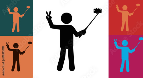 Stick figure taking selfie with selfie stick vector illustration and colorful background design art