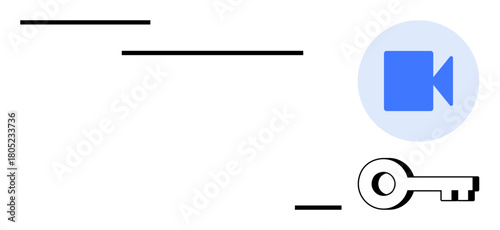 Blue video camera icon inside a circle next to a key symbol and minimalist lines. Ideal for digital security, encryption, media access, video conferencing, technology, privacy, simple flat metaphor