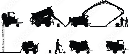 Construction machinery silhouettes with workers, industrial equipment vehicles, concrete pump and roadwork machines illustration for engineering, infrastructure, building industry graphics