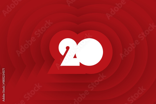 Abstract red background with number 20th, 20th Red loop geometric background with depth of shadow 3d effect.