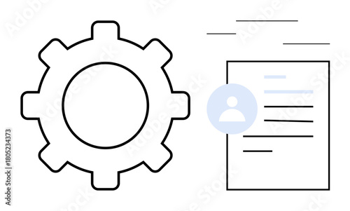 Gear next to document with user icon and text lines symbolizing efficiency, process management, and user data. Ideal for workflow, optimization, technology, operations, profile, settings