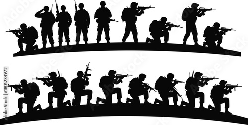 WebMilitary soldier silhouettes in tactical positions, armed forces patrol team, combat readiness poses, army unit formation vector illustration