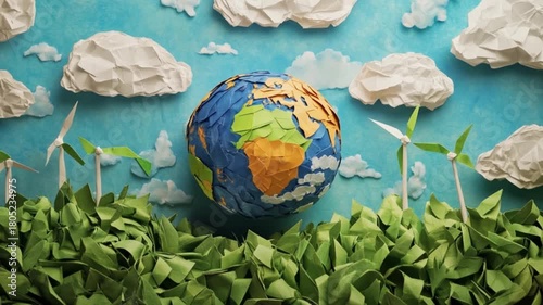 Vibrant origami Earth with windmills and puffy clouds evokes a playful take on renewable energy and environmental protection for a greener future