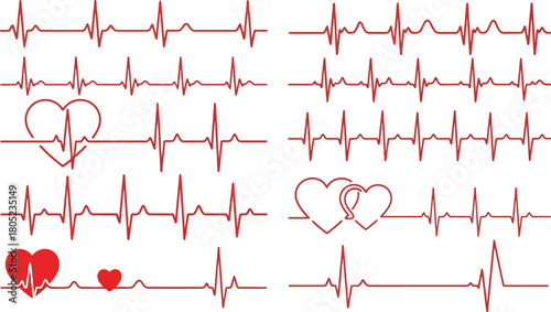 Collection of electrocardiogram heartbeats with symbolic heart shapes