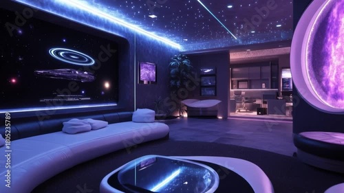 Luxury futuristic living room with star ceiling and sci-fi planet view, offering a high-tech immersive experience in a modern home design