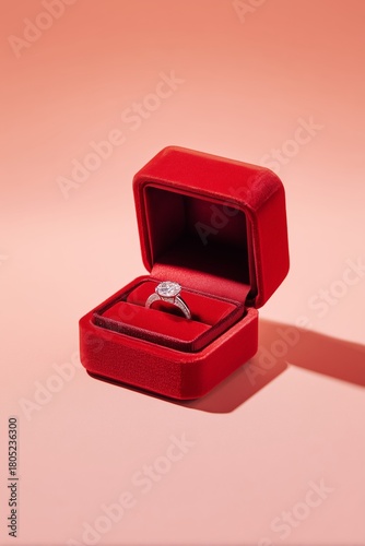 Diamond engagement ring in red velvet box on warm backdrop
