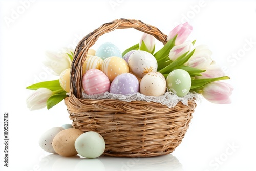 Woven Easter Basket Filled with Pastel Eggs and Fresh Tulips on White Background