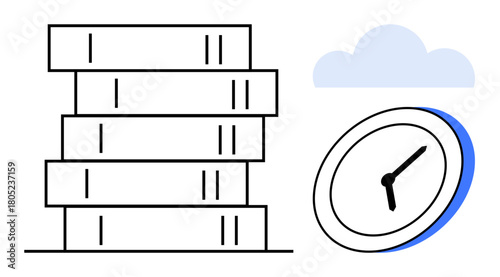 Stack of books next to a clock beneath a cloud. Ideal for education, learning, time management, productivity, deadlines, goal setting, and focus in a simple flat metaphor