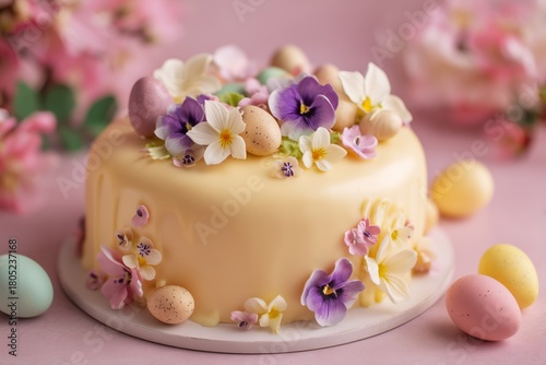 Elegant Easter cake with pastel eggs and spring flowers