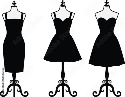 Black dress silhouettes, fashion design, elegant styles, sheath, flared, strapless, sweetheart neckline, dress form, flat vector illustration, wardrobe