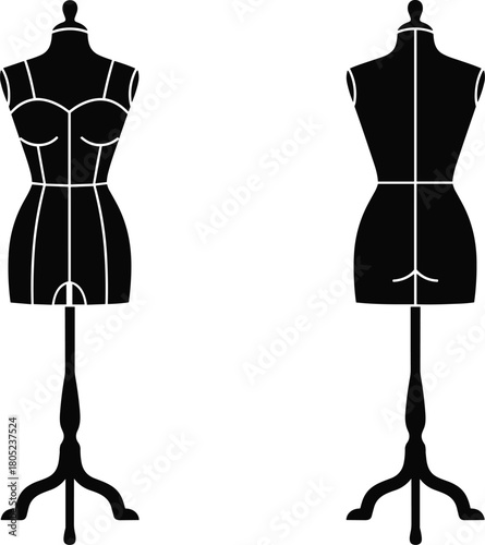 Black dress form front and back view, fashion mannequin with seam lines, tailoring dummy for garment fitting, flat vector illustration