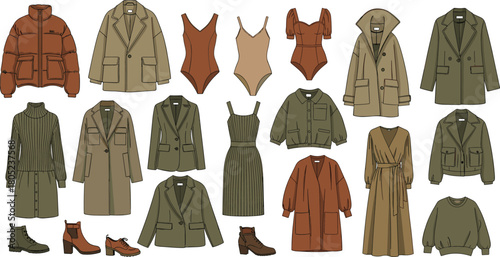 Earth tone fashion collection, outerwear, dresses, boots, bodysuits, seasonal clothing, autumn winter style, wardrobe essentials, flat vector illustration, cozy