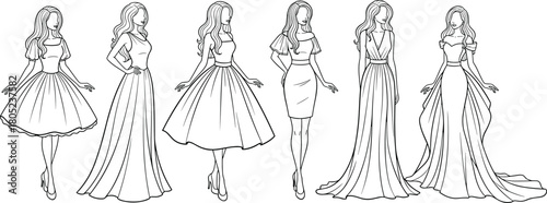 Fashion model dress collection, elegant gown, sheath dress, retro style, evening wear, formal outfit, flat vector illustration, high heels