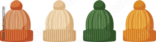 Knitted winter hats, cozy headwear, ribbed texture, pom-pom top, seasonal fashion, colorful beanies, flat vector illustration, warm accessories, cartoon style