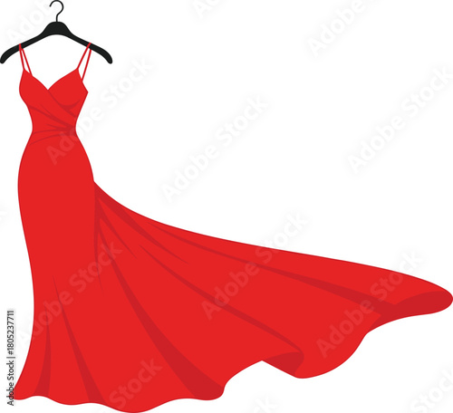 Red evening gown, elegant fashion dress, formal wear, flowing skirt, stylish silhouette, luxury clothing, glamorous outfit, vector art, flat illustration