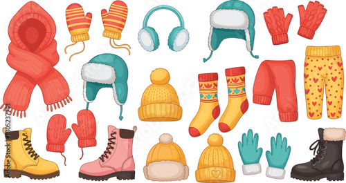Winter clothing accessories set, cartoon style boots, gloves, hats, socks, pants, earmuffs, beanies, seasonal fashion, warm outfit essentials - flat vector illustration
