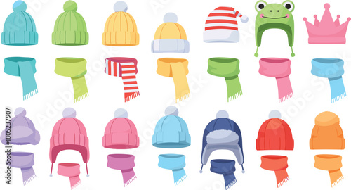 Winter hats and scarves collection, beanies, ear flap, novelty accessories, seasonal fashion, cold weather wear, flat vector illustration, cozy style