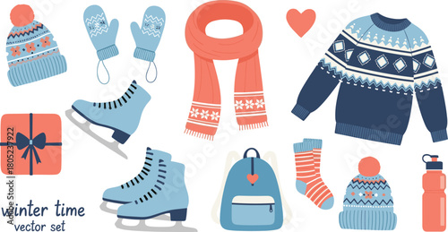Winter clothing, accessories, ice skates, sweater, scarf, mittens, socks, backpack, water bottle, gift box, heart, cozy, seasonal, flat vector illustration