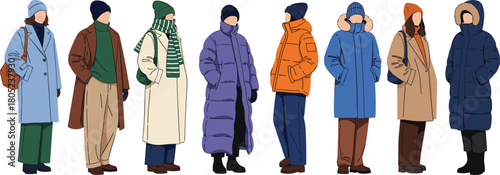 Winter fashion people, stylish coats, cold weather outfits, layered clothing, trendy jackets, seasonal accessories, urban style, diverse winter wear, flat vector illustration