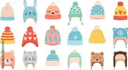 fashion, warm seasonal accessories, playful hat designs, winter fashion illustration, cozy headwear collection, kids winter style, seasonal hat vector, flat vector illustration