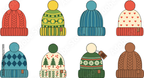 Winter hats, pom pom beanies, festive patterns, snowflake design, heart motif, seasonal headwear, cozy fashion, flat vector illustration
