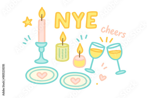 Festive Candlelight Dinner. "Candlelight dinner on New Year’s Eve". Playful doodle of festive candles in