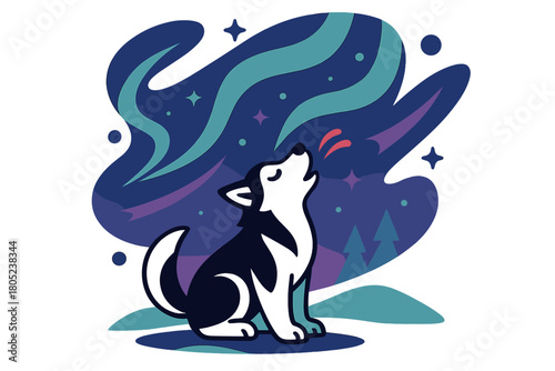 Aurora Howl. Northern breeze. The husky howls softly under northern lights glowing across the sky, surrounded