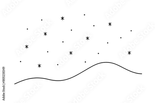 Minimal Snowfall Art. Soft Drift. Minimalistic one-line drawing light snow falling in graceful motion,