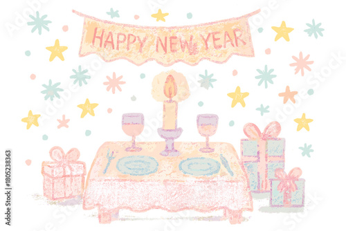 Whimsical New Year Dinner. "Candlelight dinner on New Year’s Eve". Whimsical doodle of “Happy New Year” banner