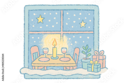 Cozy Candlelight Dinner. "Candlelight dinner on New Year’s Eve". Cozy doodle of winter window scene —