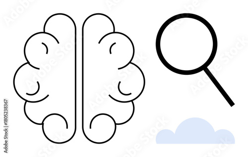 Brain sketch, magnifying glass, and cloud imagery signify knowledge, understanding, creativity, and exploration. Ideal for science, education, innovation research discovery growth learning