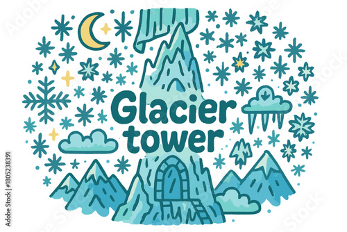 Glacier Tower Illustration. Glacier tower. Hand-drawn doodle illustration of glacier tower. Ice tower, frost