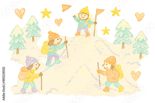 Whimsical Winter Hiking. "Winter hiking in the mountains". Whimsical doodle of hikers climbing snowy peaks