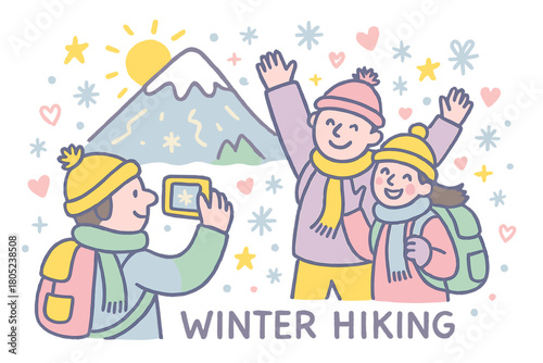 Winter Mountain Adventure. "Winter hiking in the mountains". Playful doodle of hikers taking a photo with